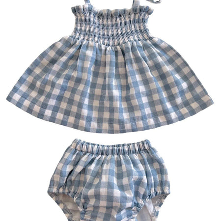 Organic Smocked Set - Blue Gingham