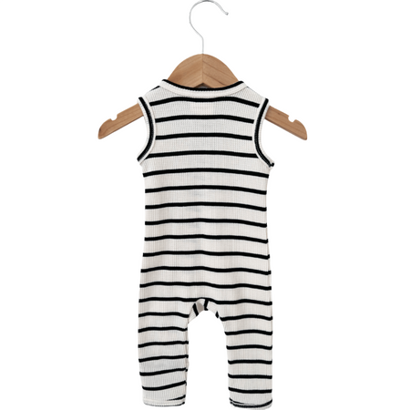 Organic Waffle Sleeveless Zip Romper, Black Stripe