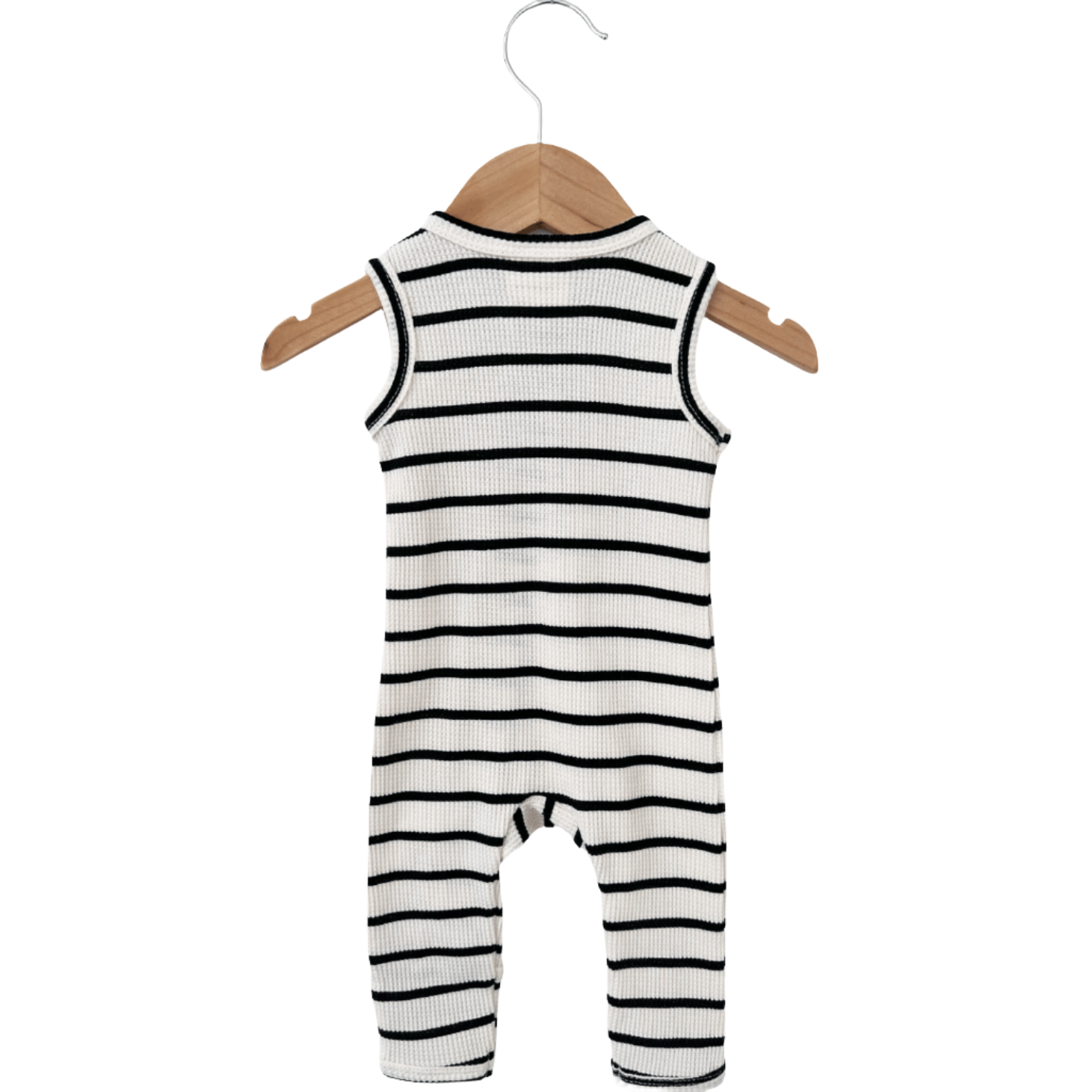 Organic Waffle Sleeveless Zip Romper, Black Stripe