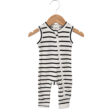 Organic Waffle Sleeveless Zip Romper, Black Stripe